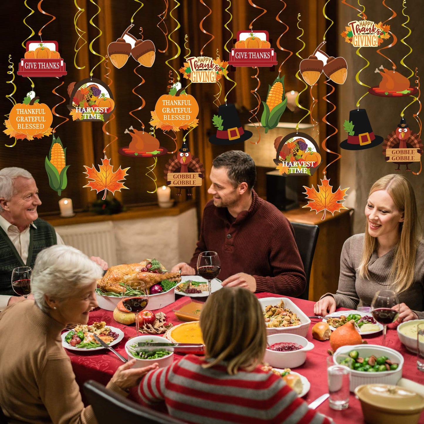 Thanksgiving Decorations Hanging Swirl - 34Pcs Thanksgiving Hanging Ceiling Streamers - Turkey Corns Pumpkin Maple Leaves Swirls for Home Indoor Outdoor Party Office Decor Supplies (NO DIY Required)