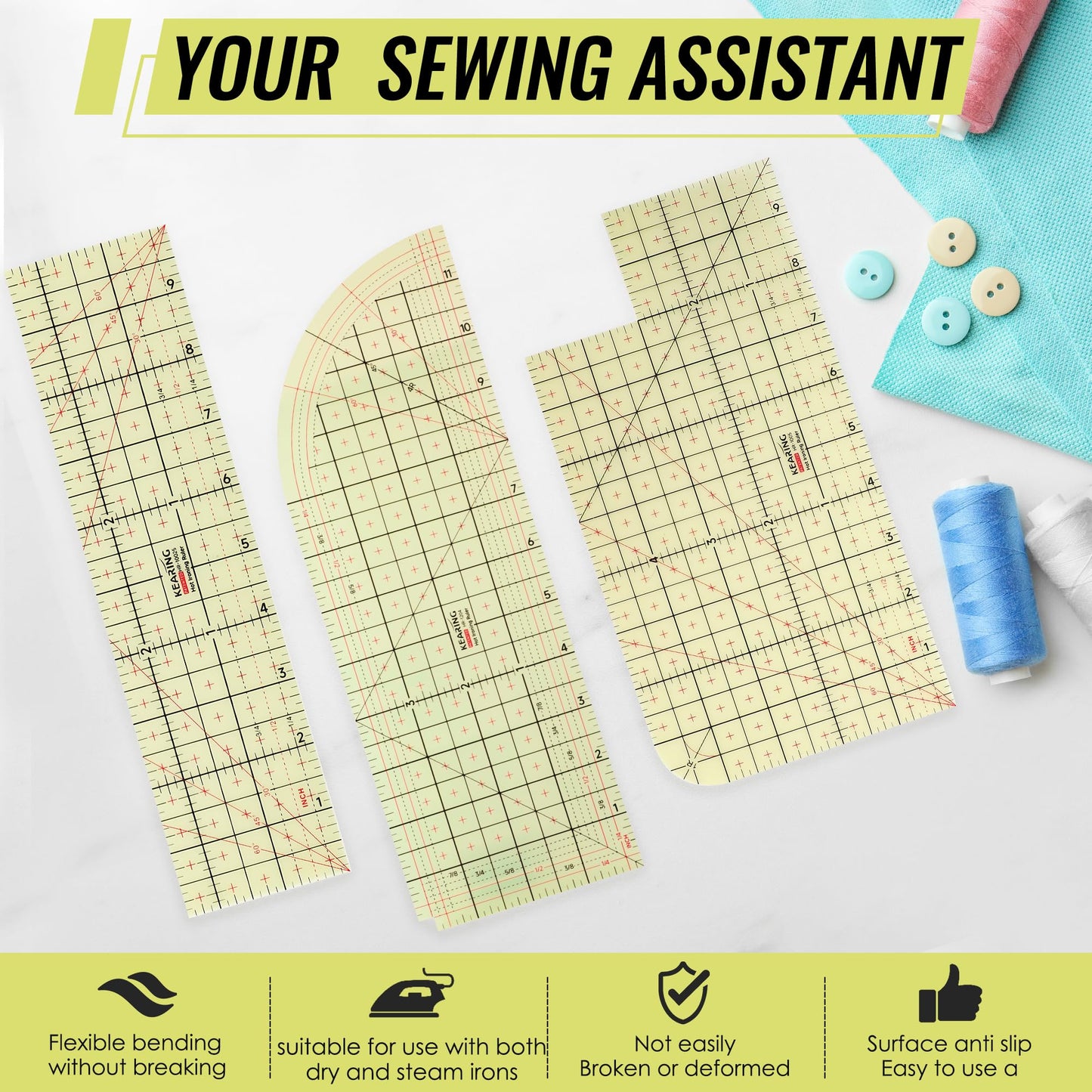 3 Pieces Hot Hem Ruler for Sewing Ruler Heat Resistant Ruler for Quilting and Sewing Tool Thin Pattern Making Clean Measuring Non-Slip Pressing Tool