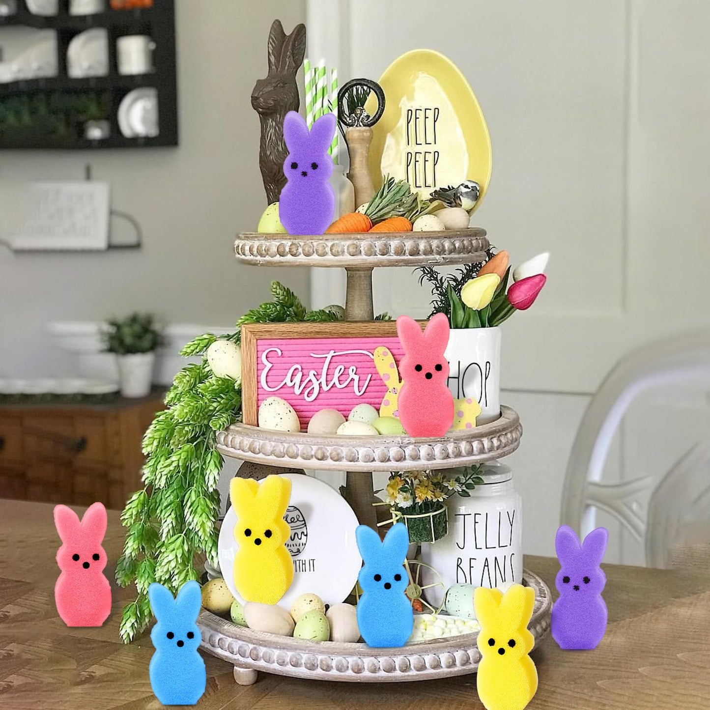 Lettry Easter Decorations, 64pcs Cute Sponge Bunnies Vase Filler, Spring Indoor Decor for Tiered Tray and Table Decorations