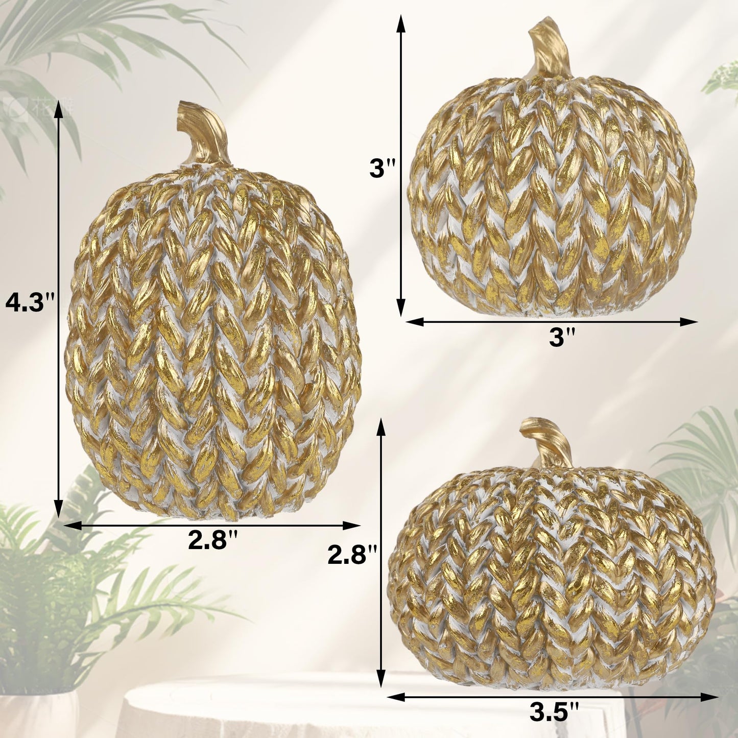 Fall Decorations for Home Set of 3, Gold & White Resin Pumpkin Decor with Woven Design - Thanksgiving Table Centerpiece, Mantel, Indoor & Outdoor Farmhouse Autumn Décor
