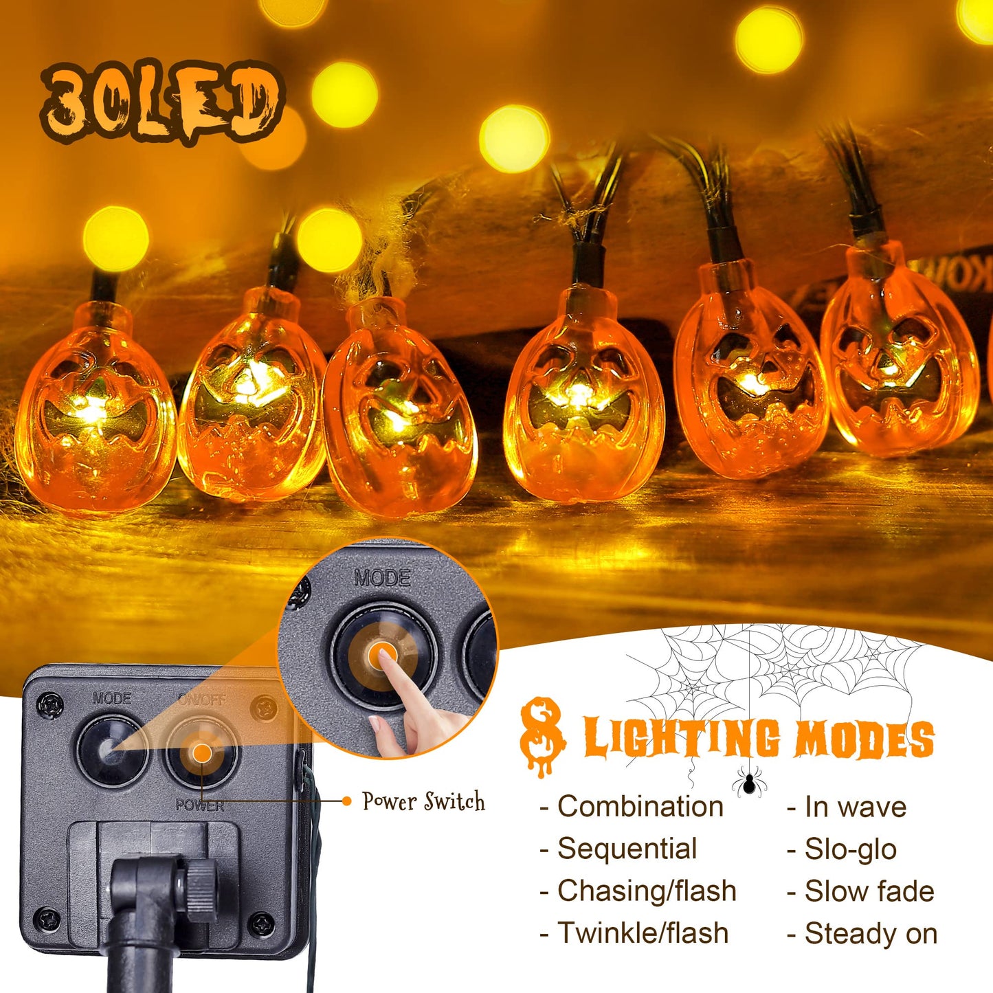 Oopswow 2 Pack Solar Powered Halloween Pumpkin String Lights, 20ft, 30 LEDs, 8 Lighting Models, Waterproof, Indoor/Outdoor Use