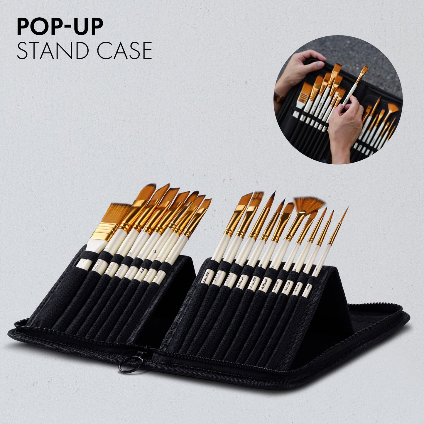 21 Piece Paint Brush Set, ARTIFY 18 Acrylic Paint Brushes, Palette Knife, and 2 Sponges, Professional Artist Paint Brushes for Acrylics, Watercolors, Gouache, Canvas, and Face Painting, Ivory White