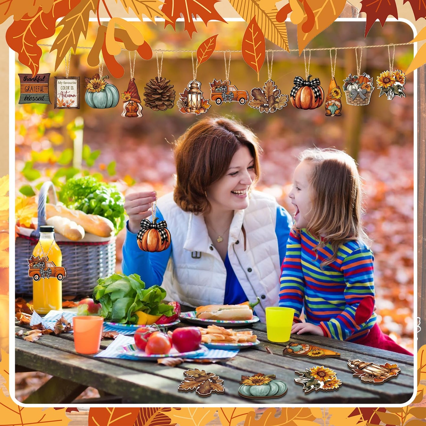 FairySandy 36 Pcs Fall Tree Decorations Thanksgiving Gnomes Ornaments for Tree Wooden Hanging Ornaments Pumpkins Leaves Flowers Cutouts Autumn Decorations for Holiday Party Supply(Classic Style)