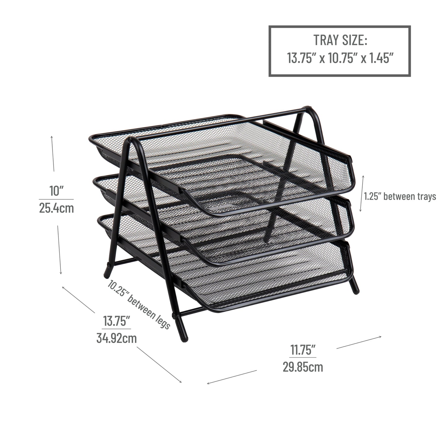 3-Tier Paper Tray, Desktop Organizer, File Storage, Office, Metal Mesh, 11.75"L x 13.75"W x 10"H, Black