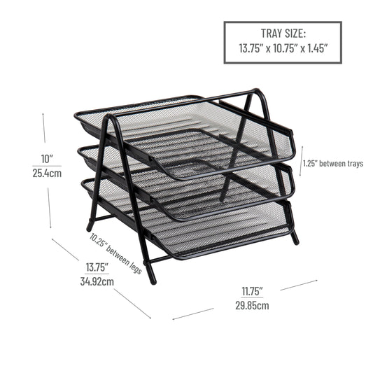 3-Tier Paper Tray, Desktop Organizer, File Storage, Office, Metal Mesh, 11.75"L x 13.75"W x 10"H, Black
