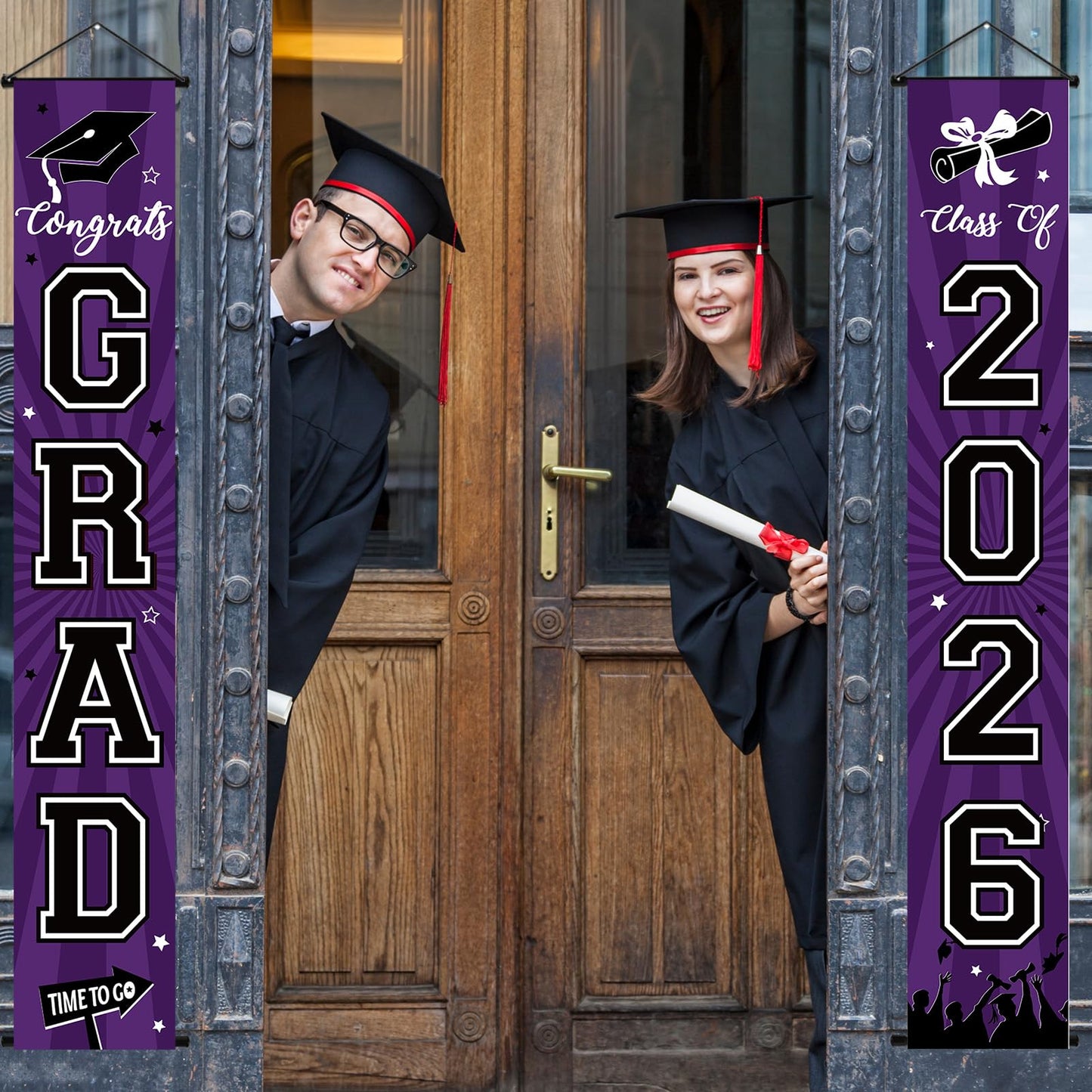 Graduation Banner 2026 Graduation Decorations Purple and Black Grad Banner Porch Sign Class of 2026 Door Decor Congrats Hanging Backdrop Purple Grad Party Decor for School Congratulations Supplies
