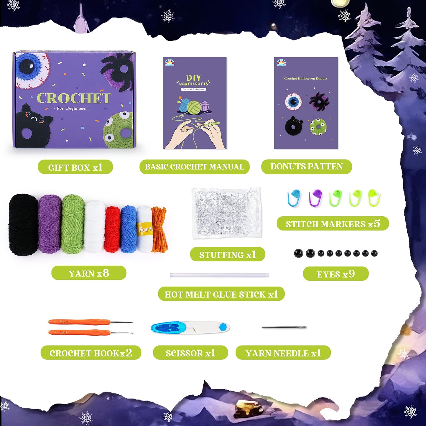 Crochet Kit for Beginners, 4 PCS Donut Family Crochet Kit with Step-by-Step Video Tutorials, Beginner Crochet Kit for Adults and Kids, Donut Family Crocheting Set