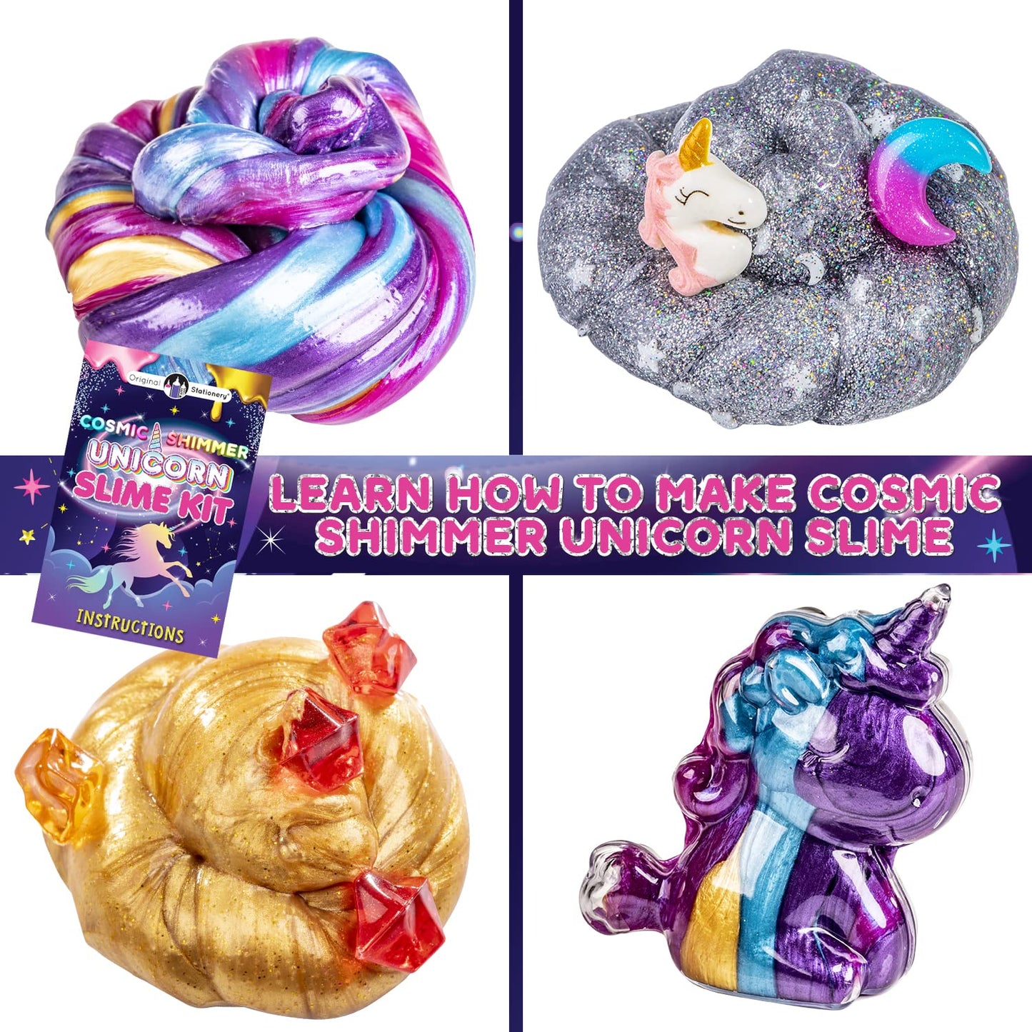 Original Stationery Unicorn Slime Kit for Girls Ages 7–12, DIY Shimmer Slime Set with Glow-in-The-Dark, Pearlescent, Holographic & Glitter Slimes, Creative Craft, Easter & Birthday Gift for Kids