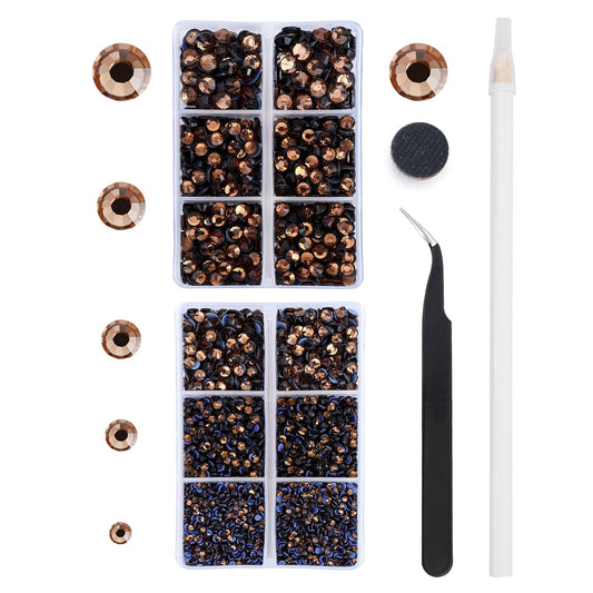 MEIBITE 6796PCS Smoked Topaz Hotfix Rhinestones Crystal Stones Glass for Fabric Clothes Shirts Sparkly Flat Back Round with Tweezers and Picking Pen (SS6~SS30 Set)