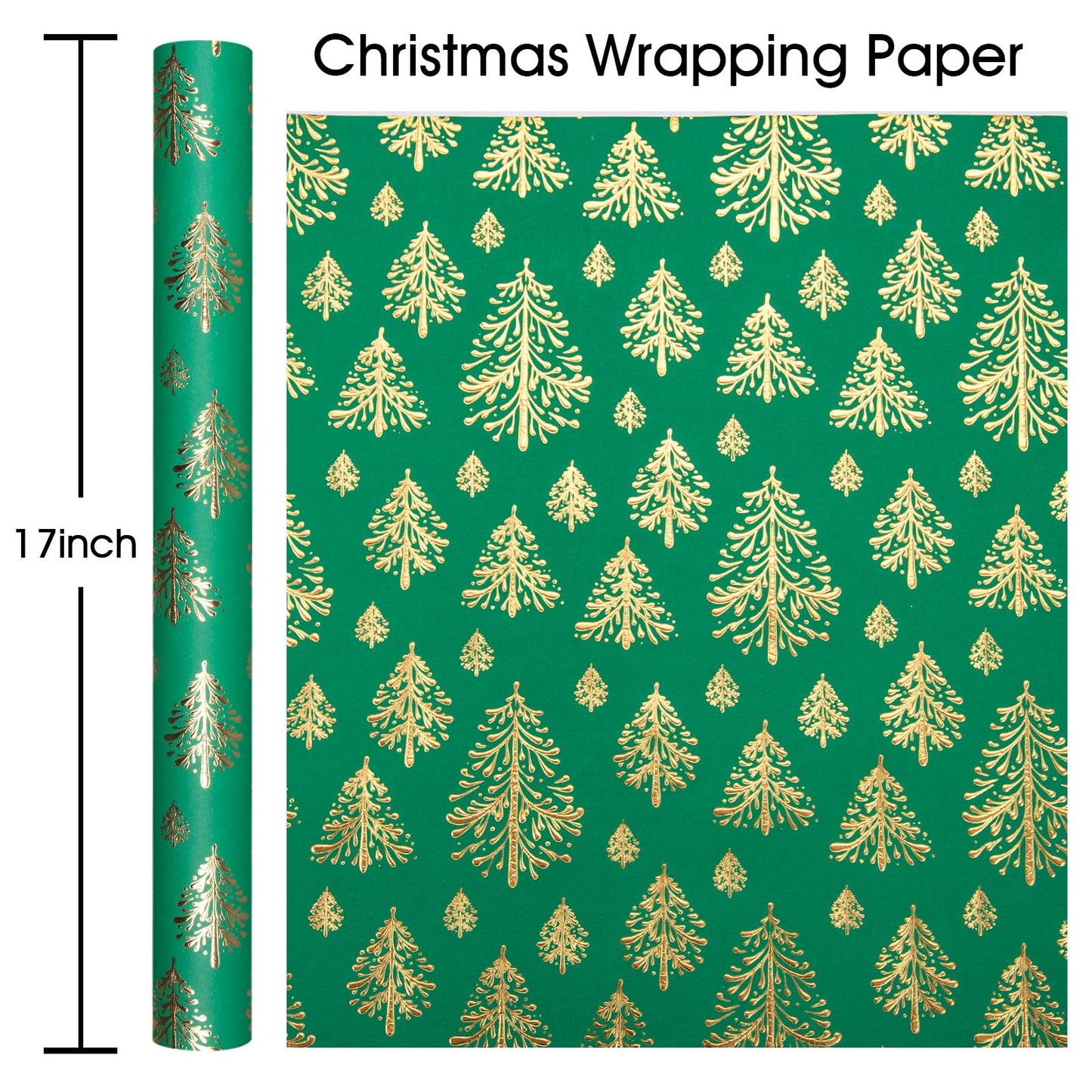 Kraft Christmas Wrapping Paper, Green 3D Embossed Gold Foil Christmas Pine Tree with Woodlands Wrap Paper for Holiday, Party,Celebration, New Year (17 Inch X 32.8 Feet)