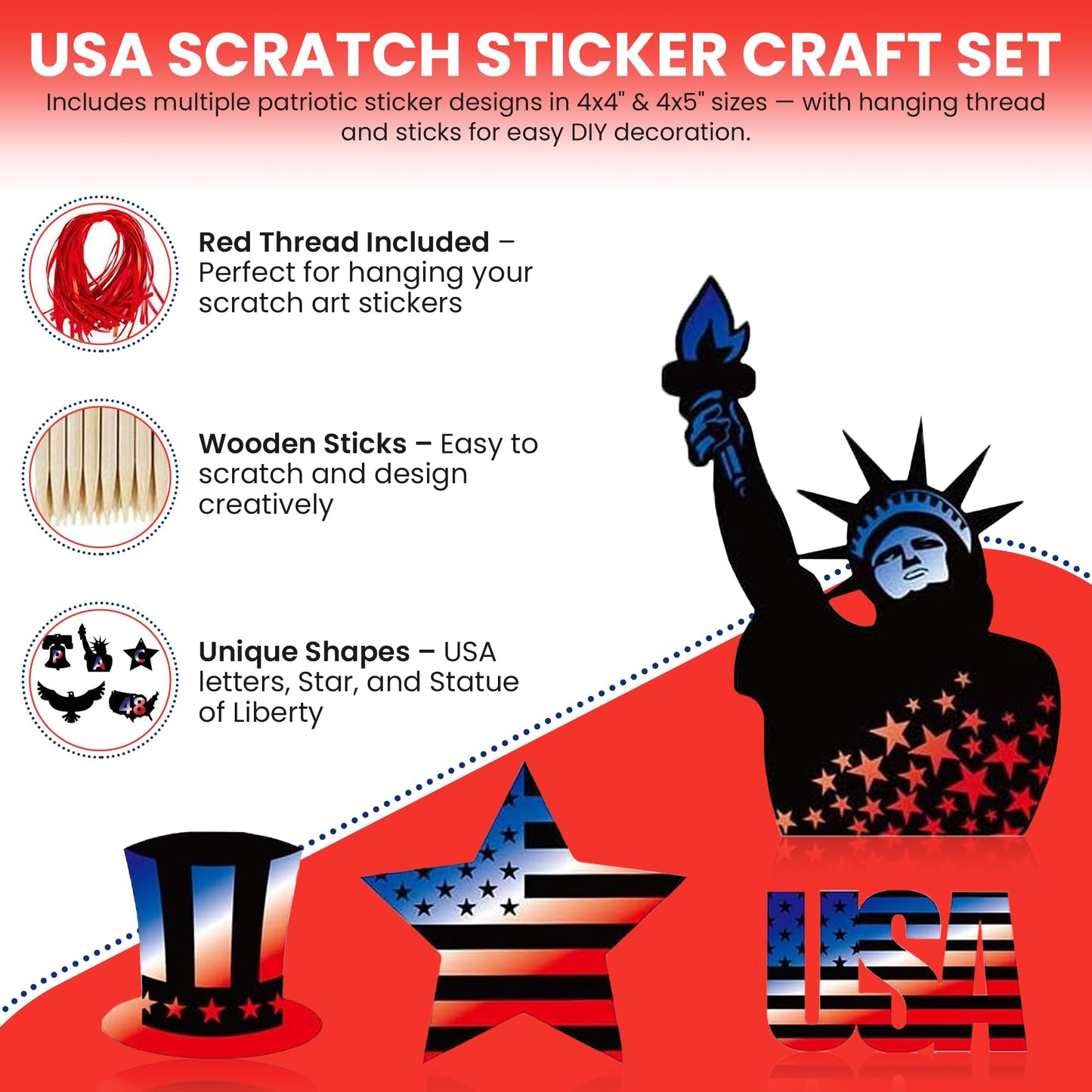 Iconikal 48-Pack Americana Scratch Art Ornaments, Patriotic, 4x5-Inch, 24 Sticks, Red White Blue