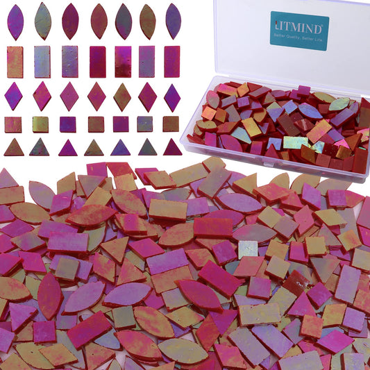 LITMIND Iridescent Glass Mosaic Tiles for Crafts, 240 Pieces 5 Shapes Mixed Red Stained Glass Pieces, Mosaic Kits for Adults (Iridescent Red)