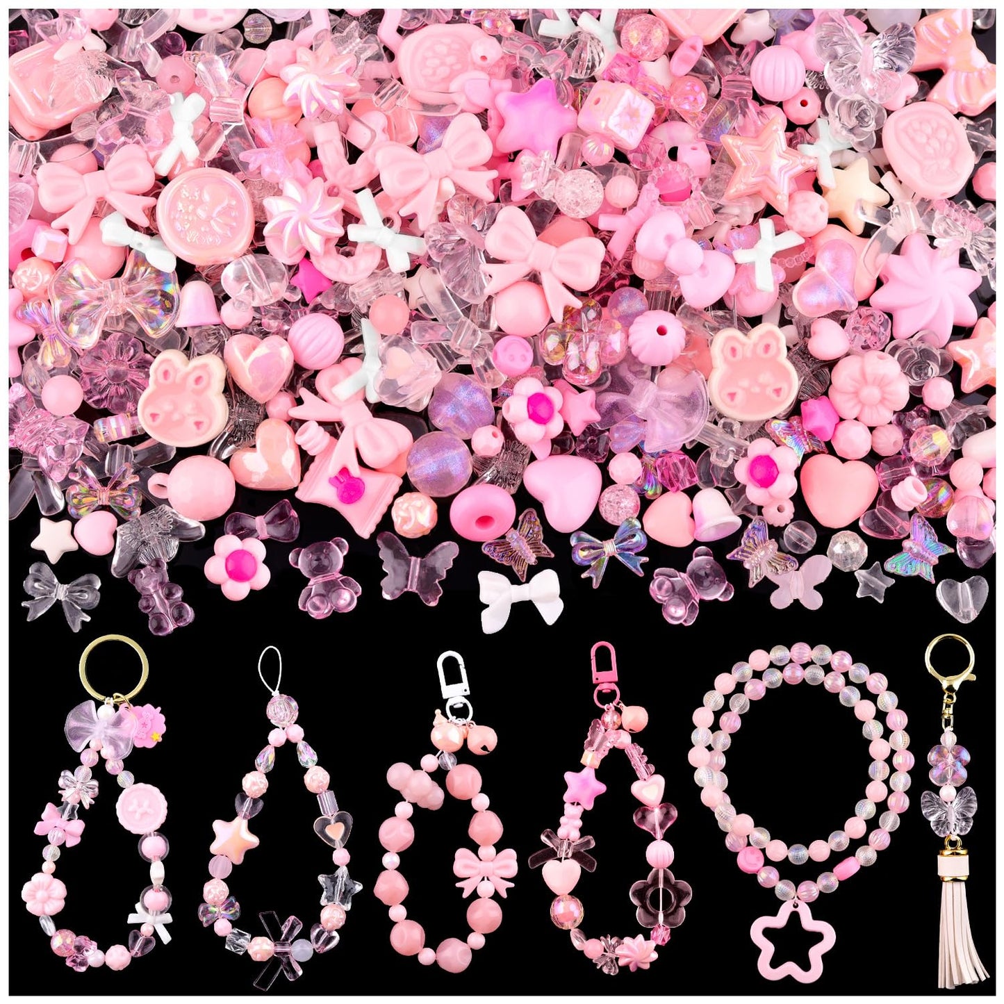 TINKRSTUFF Assorted 170-230PCS Pink Acrylic Beads for Bracelet Making, Flower Bow Butterfly Candy GummyBear Aesthetic Bracelet Charms,Cute Beads for Jewelry Making DIY Necklace Keychain Phone Charm