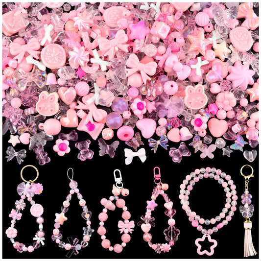 TINKRSTUFF Assorted 170-230PCS Pink Acrylic Beads for Bracelet Making, Flower Bow Butterfly Candy GummyBear Aesthetic Bracelet Charms,Cute Beads for Jewelry Making DIY Necklace Keychain Phone Charm