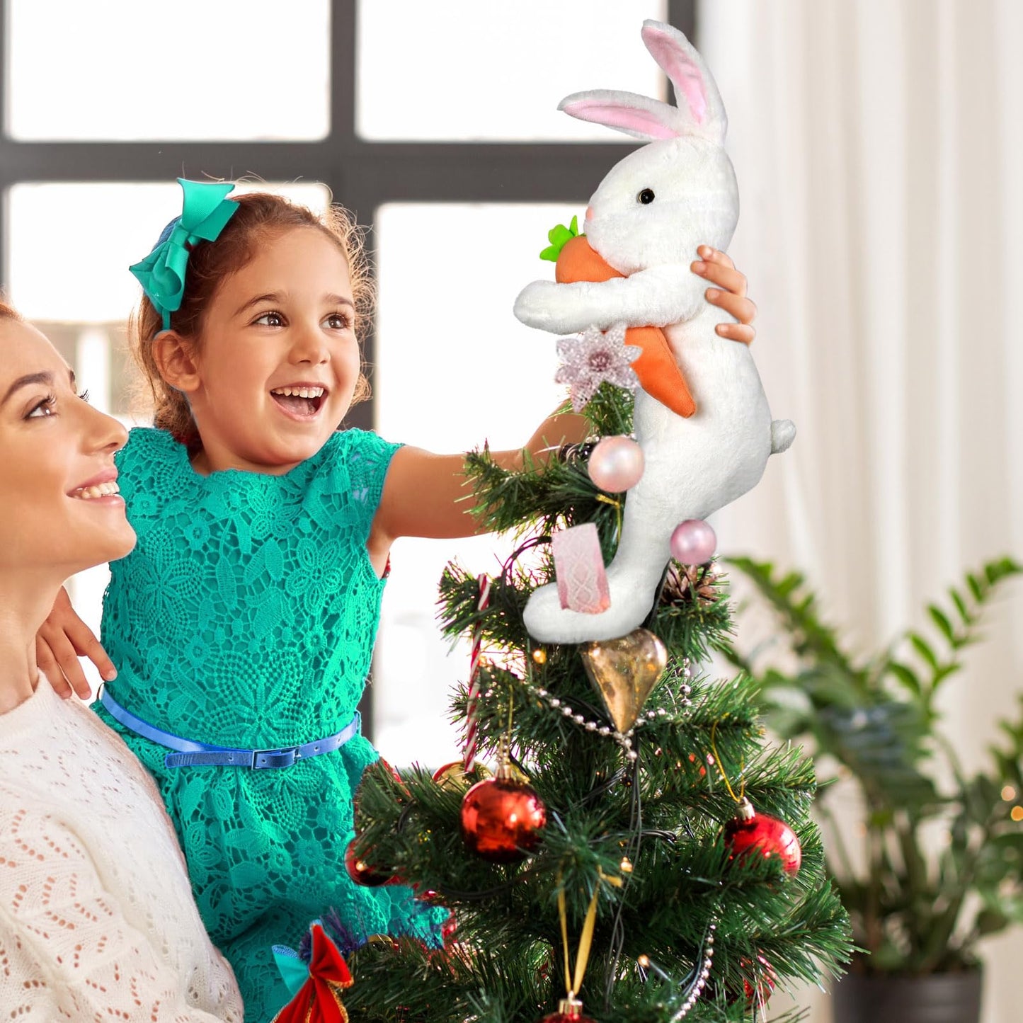Easter Bunny Tree Topper Decorations,Spring Plush Rabbit Hugged Carrot for Tree Basket Stuffers Holiday Home Party Supplies Decor White