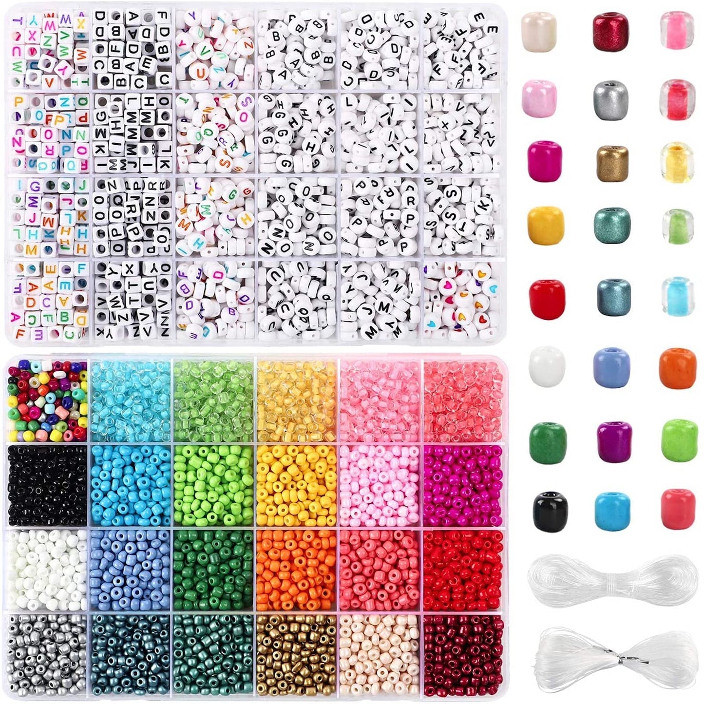 UOONY 8800pcs Beads Kit, Including 7200pcs 4mm Glass Seed Beads and 1600pcs Letter Beads for Bracelet Jewelry Making and Crafts with 20m Crystal String and 30m Elastic String