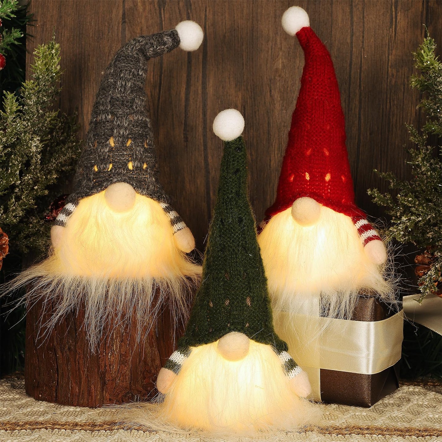 Christmas Plush Gnomes, 9 Inch Lighted Handmade Mini gnome Scandinavian, Light Up Swedish Tomte Elf Holiday Present, Battery Operated Xmas Gifts Table Ornaments Dinner Party Supplies, Set of 3