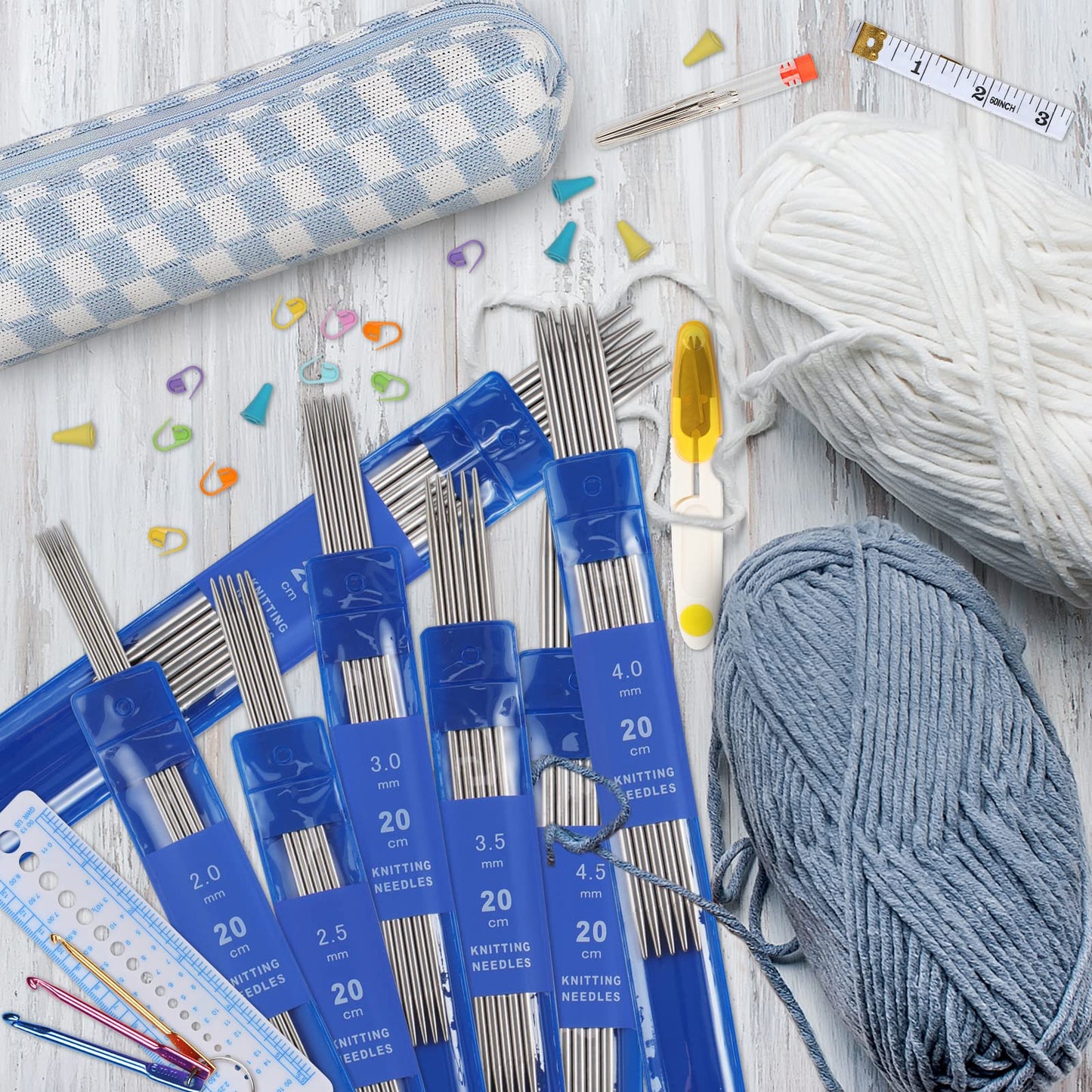 Aeelike 35pcs Short Knitting Needles Set Metal - Double Pointed Knitting Needles Stainless Steel Knitting Needles Double Ended with Case and Large-Eye Needles Stitch Markers Scissors Knitting Supplies