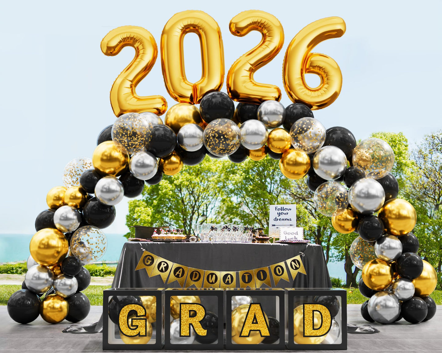 Ecomore 2026 Graduation Decorations - 86 PCS Graduation Party Decor Supplies Set Includes LED Light Strings Balloon Block Boxes with Letters Foil Curtains Backdrop 2026 Balloon Garland Kit- Black Gold