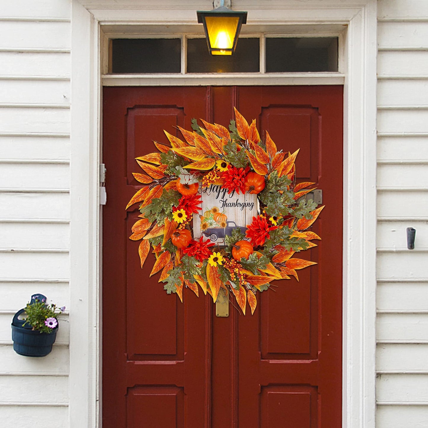 MAGGIFT Fall Wreath, 17 Inch Thanksgiving Wreaths for Front Door, with Artificial Maple Leaves, Sunflowers and Pumpkins, Ideal for Autumn Harvest Wall Indoor Outdoor Decorations