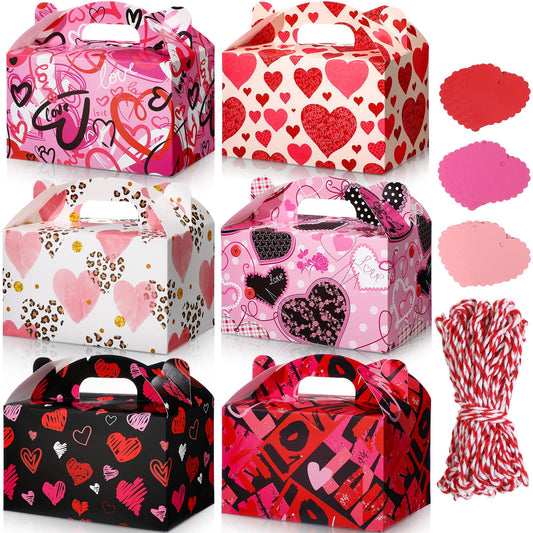 24 Pack Valentine's Day Treat Boxes Heart Prints Cardboard Box for Goody Cookie Holder Heart Tags and Twine, 6 x 3.5 x 3.5 Inches Sweet Party Favor Boxes for Mother's Day Women Classroom Supplies