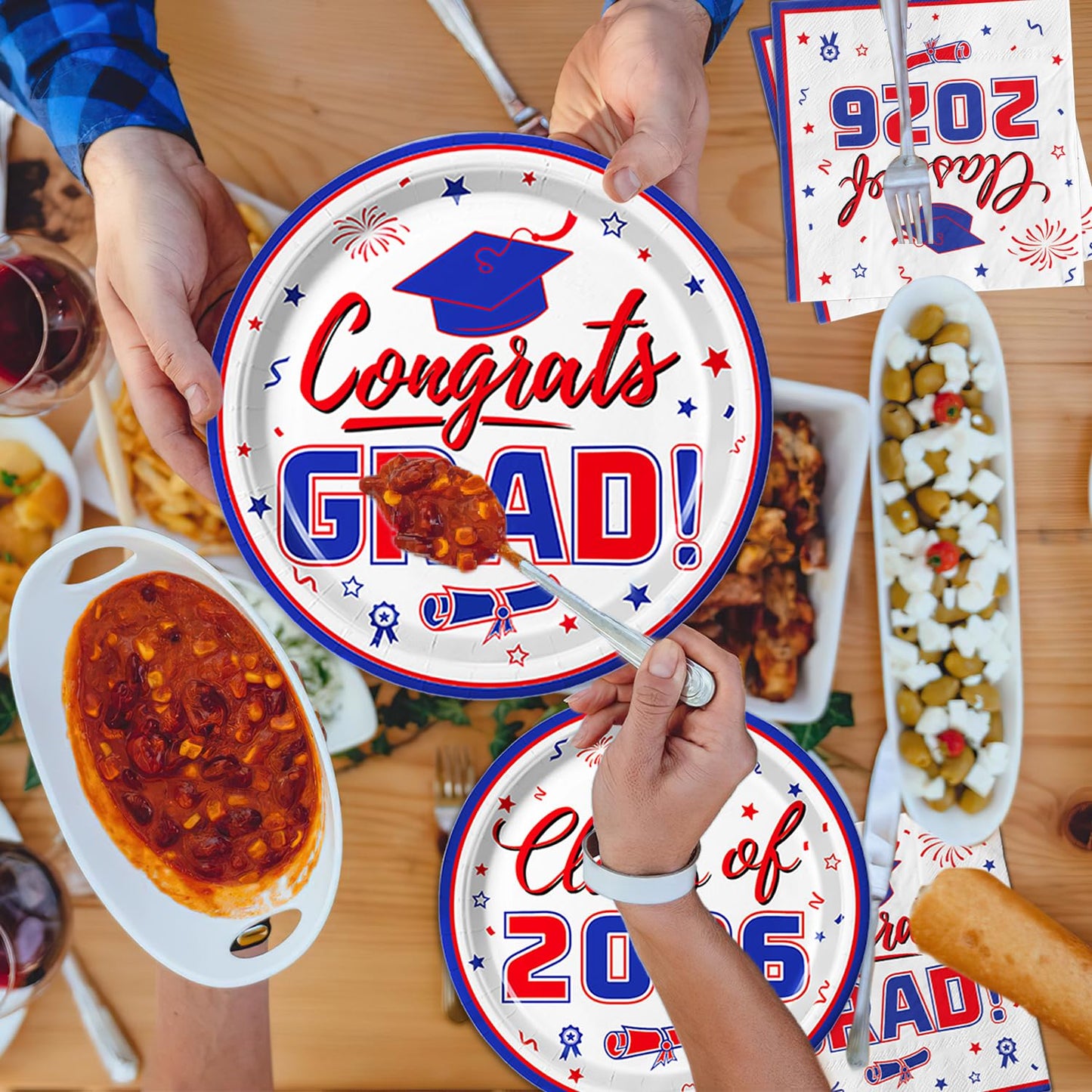 Graduation Party Supplies Kit Serves 50 - Graduation Party Red and Blue Class of 2026 Tableware Disposable Dinner Plates Dessert Plates and Napkins for Congrats Grad Party Decorations