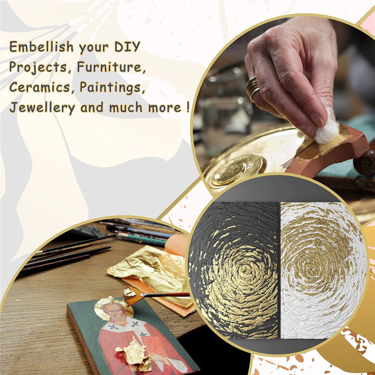 KraftiSky Gold Leaf Sheets - 100 Gold Foil Sheets - 14 x 14 cm Multipurpose Gold Leaf for Nails, Art & DIY Projects, Picture Frames, Home Walls, Interior and Multi Artistic Decoration (Foil)