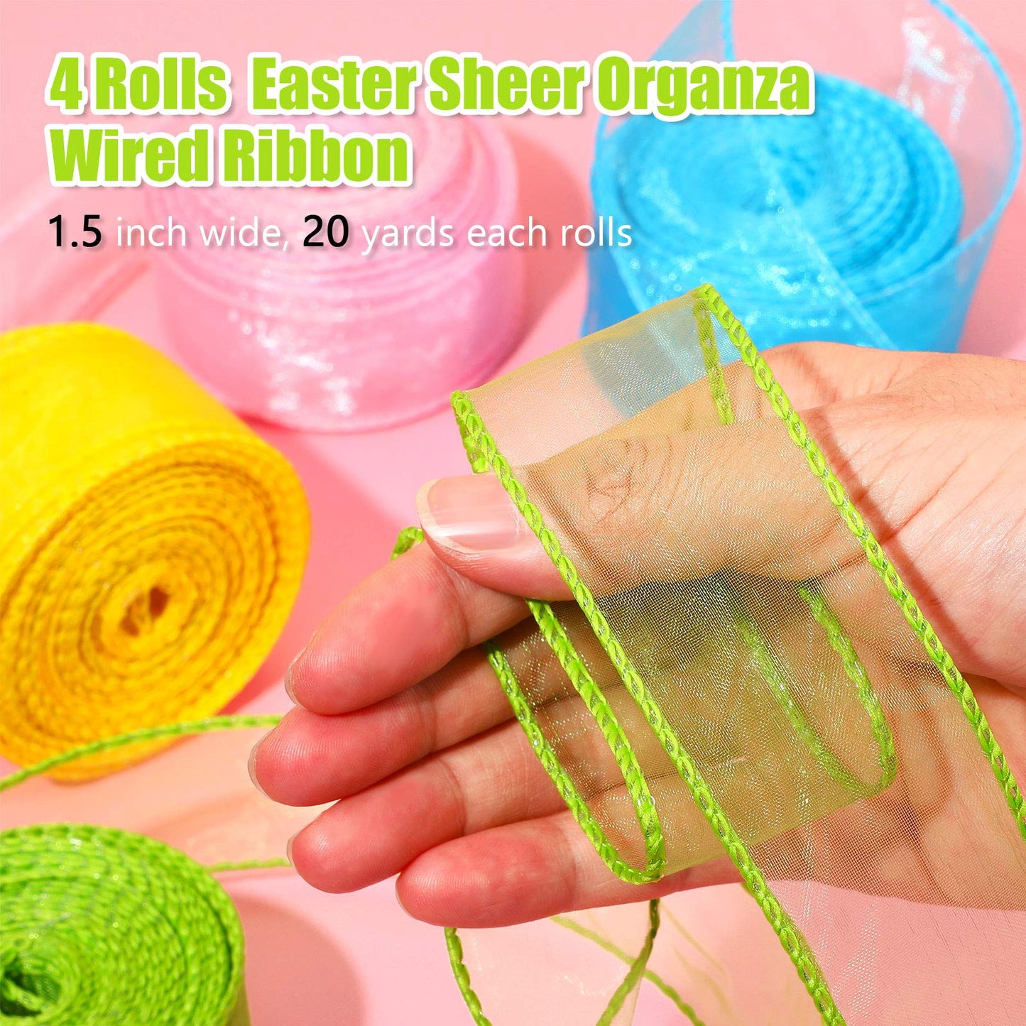 4 Rolls x 80 Yards Easter Sheer Organza Wired Ribbon, Chiffon Wired Ribbon for Wrapping Making Bows, Wreaths, Bouquet Wrapping, Decoration, DIY Crafts
