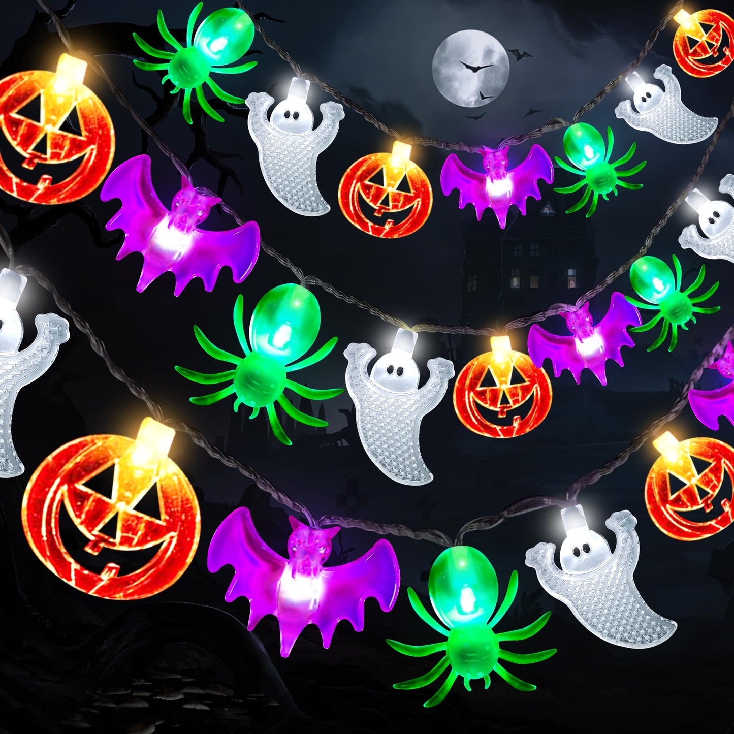 [Timer] 2 Pack Halloween Lights Total 23Ft 60 LED Pumpkin Bat Spider Ghost Halloween String Lights Battery Operated, 8 Modes Waterproof Indoor Outdoor Halloween Decorations Lights Home Window Decor