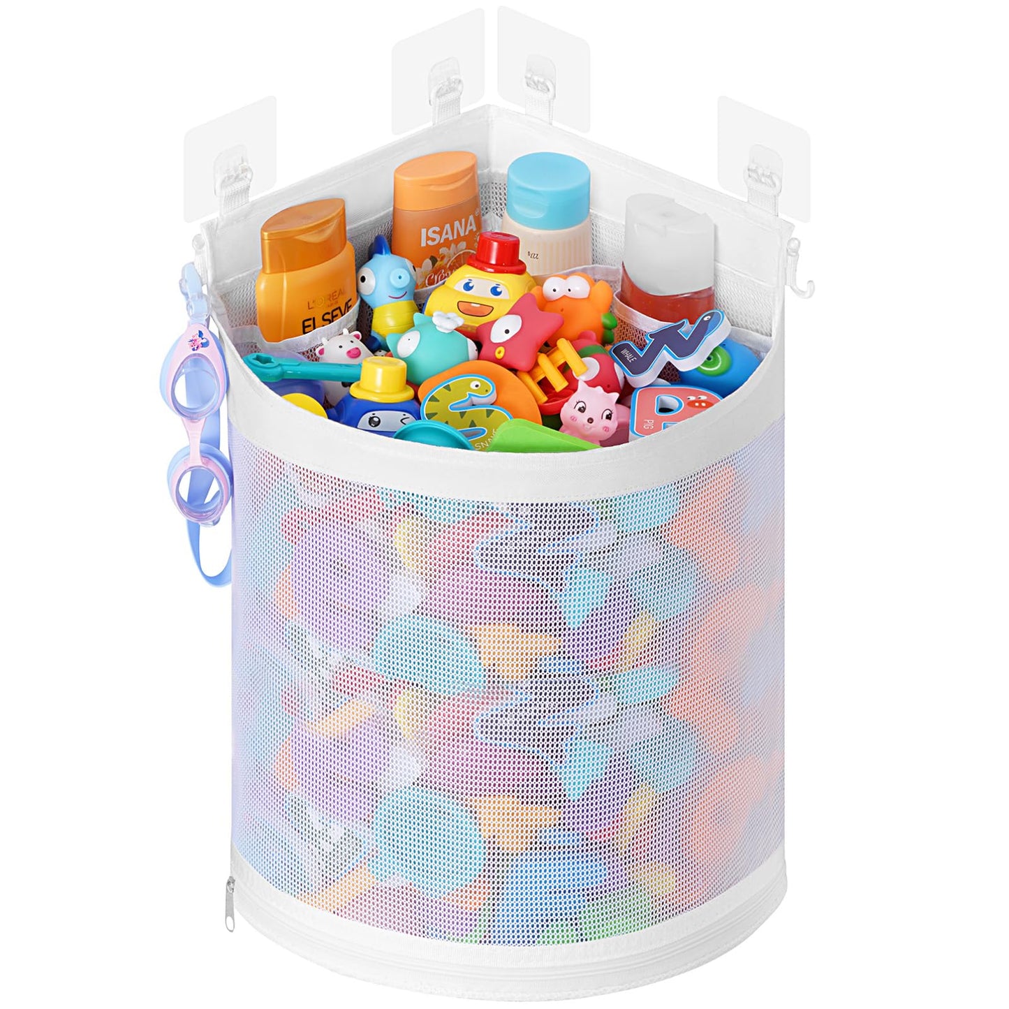 Bath Toy Storage Holder, Mesh Shower Caddy for Bathtub Toy Organizer, Corner Hang-Suspension Shower Toy Holder, Bath Toy Basket with 4 Adhesive Hooks for Kids, Toddlers, Large, White