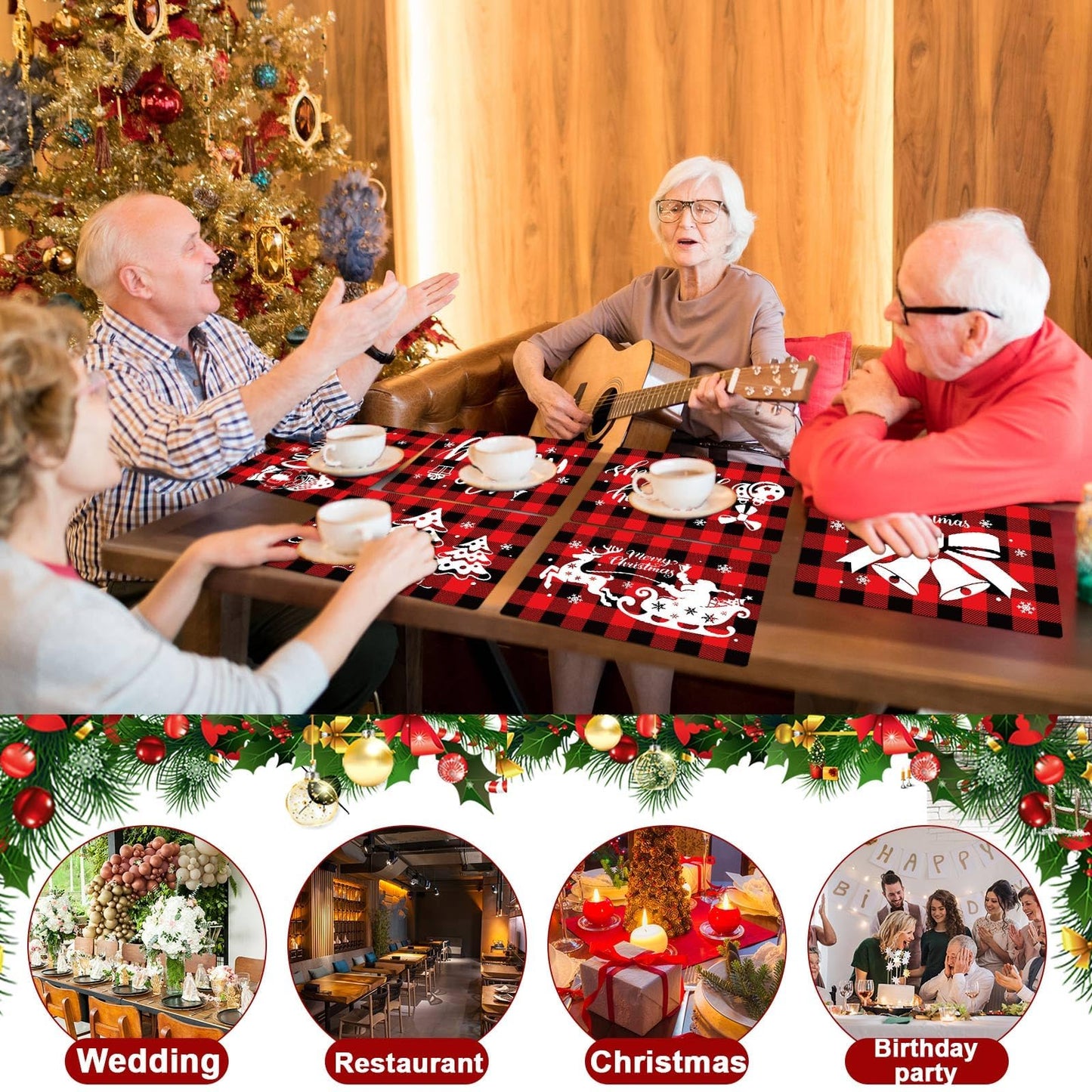 Christmas Placemats Set of 6 Red and Black Plaid Table Mats Plastic Xmas Recyclable Place Mats Washable Holiday Table Decoration for Indoor Outdoor Christmas Party Kitchen Dining