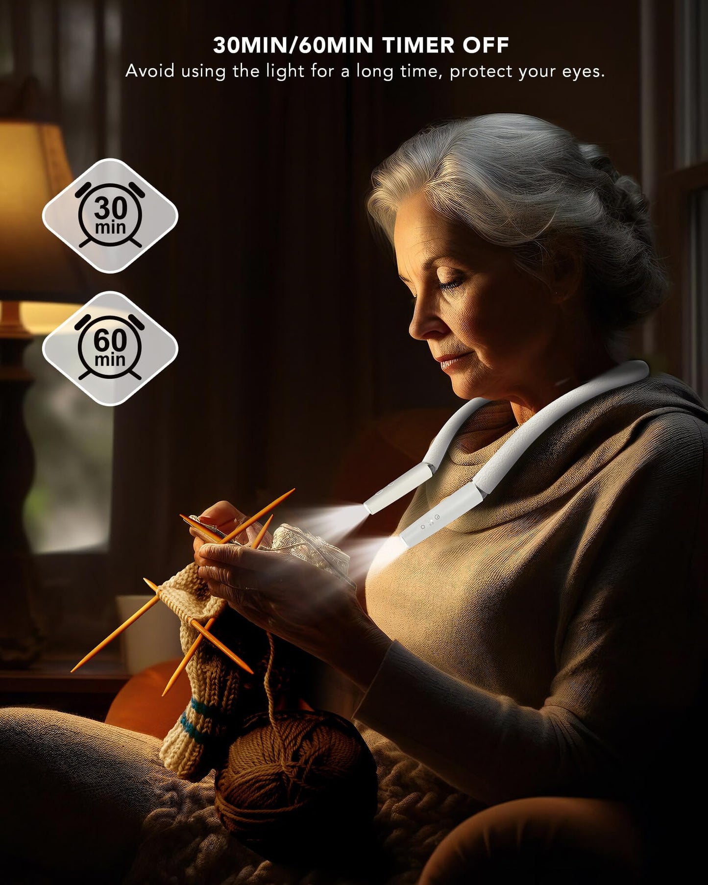 NIVAVA Neck Reading Light, Book Light for Reading in Bed [Steering Shafts Adjustment], Bendable Silicone Arm, Long Lasting LED Rechargeable Knitting Light for Camping, Repair, Crochet & Craft, White