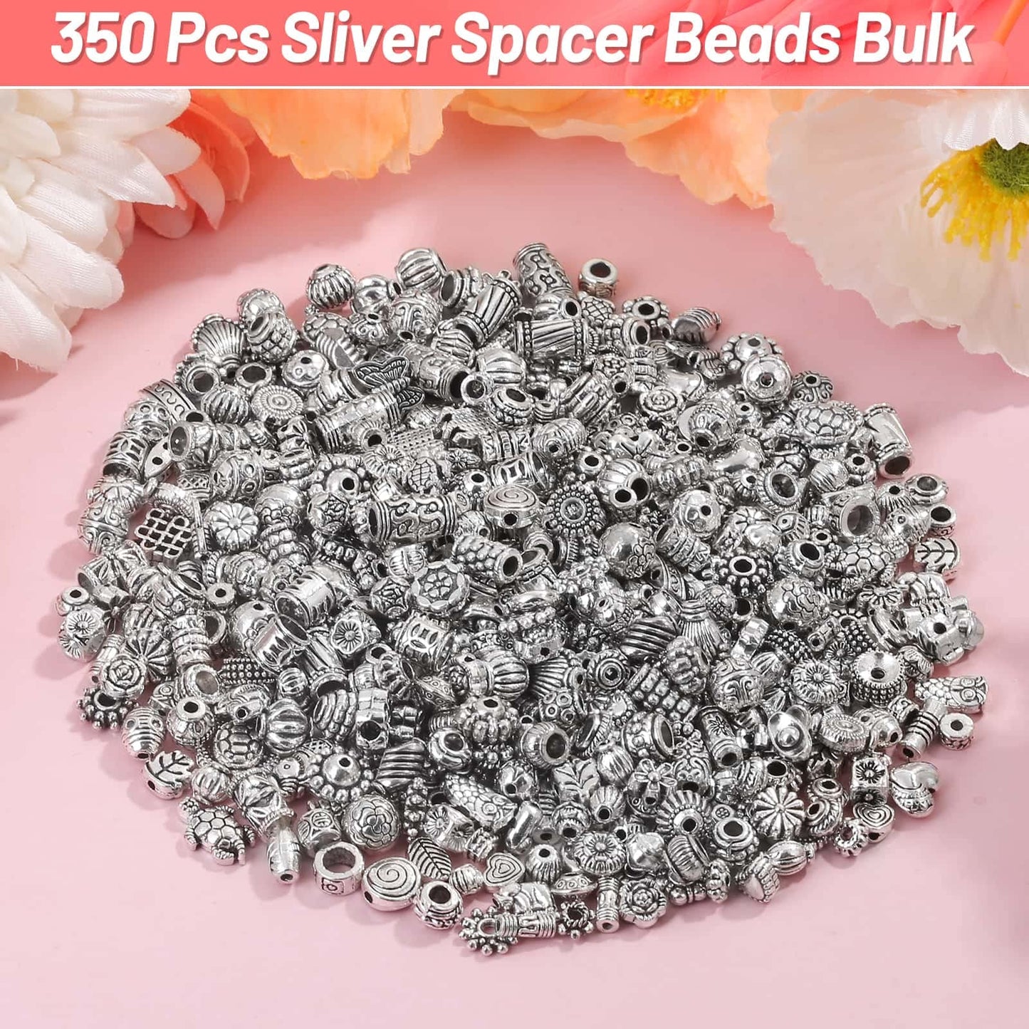 500 Pcs Bracelet Spacer Beads, Silver Bulk Random Styles Loose Spacer Metal Charm for Necklace, Earring Making DIY Jewelry Accessories