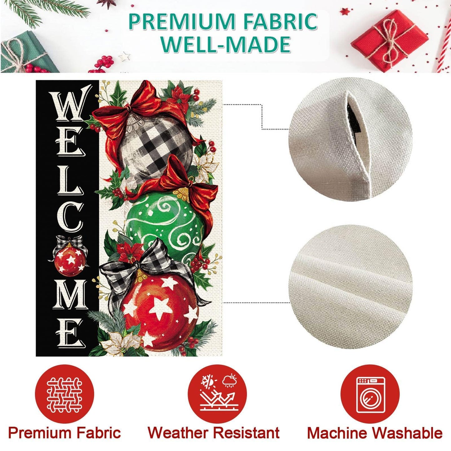 Baccessor Christmas Garden Flag 12.5 x 18 Inch Double Sided Burlap Winter Red Xmas Ball Ornament Small Yard Flag Winter Holiday Seasonal Outdoor Outside Decoration