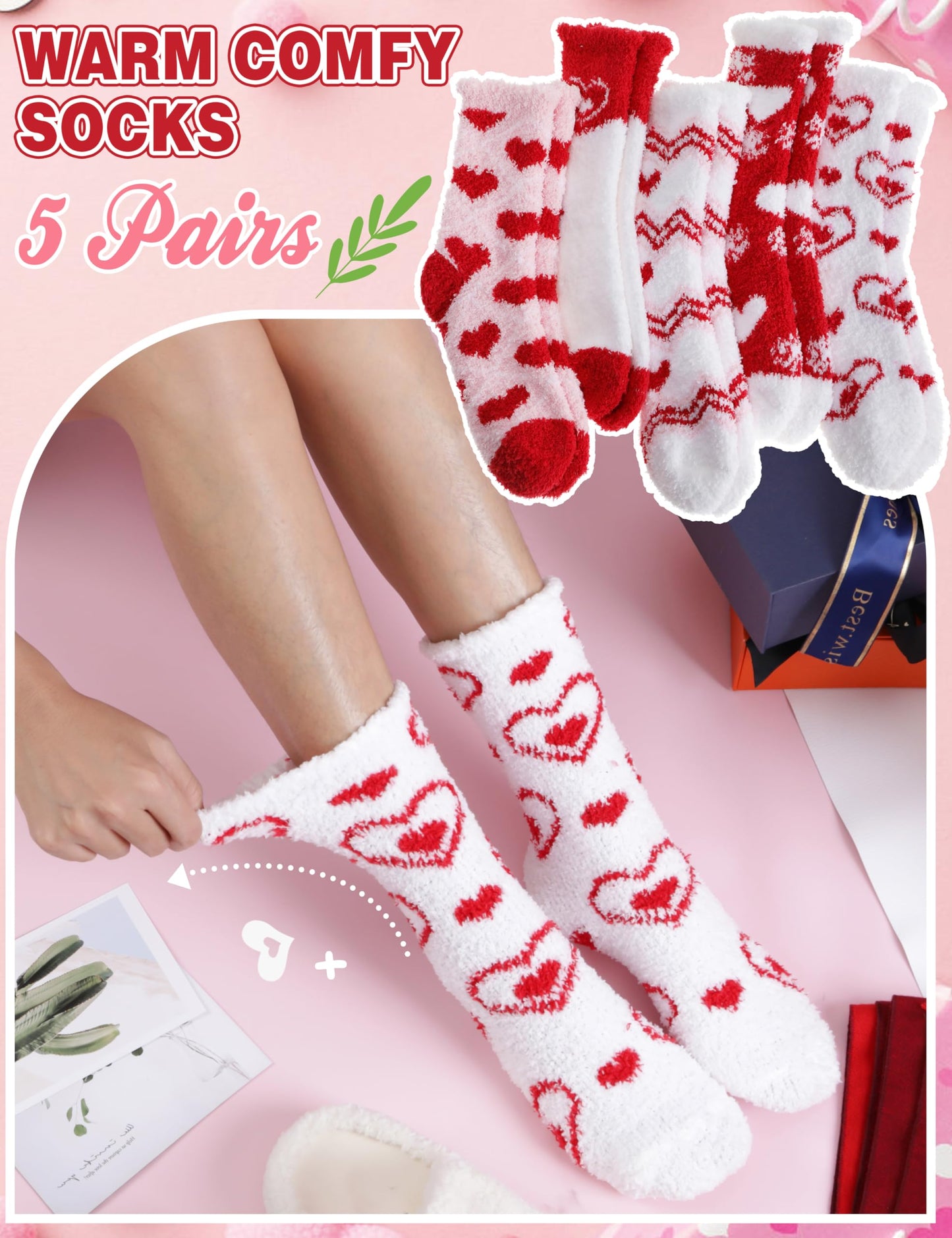 Fuzzy Socks for Women Galentines Day Gifts Fluffy Warm Cozy Winter Slipper Thick Crew Fleece Comfy Sleep Plush Heart Socks 5 Pairs Stocking Stuffers (Red/White Love,M)