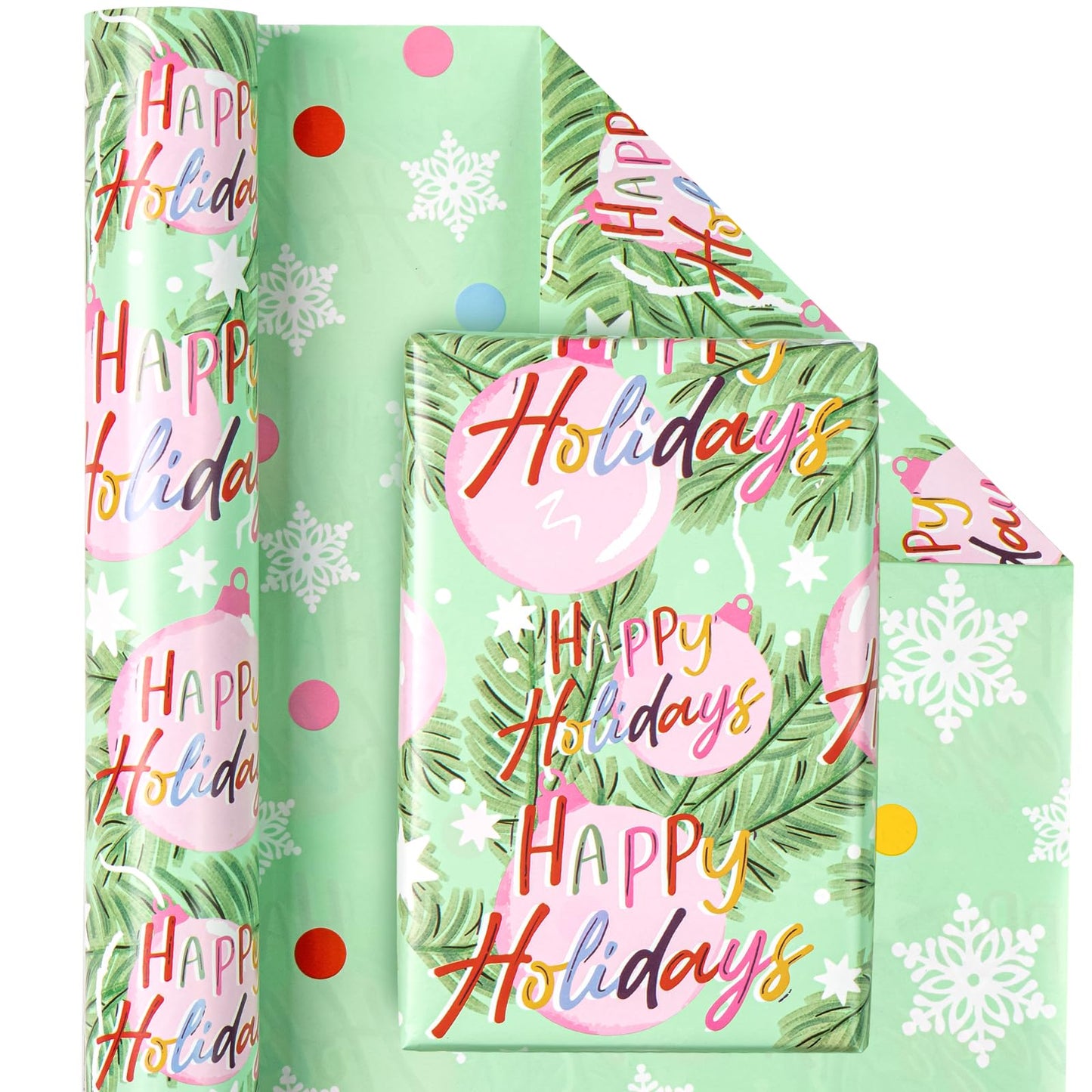 Reversible Christmas Wrapping Paper - Mini Roll - 17 Inch x 33 Feet - Happy Holiday Lettering with Christmas Ball Design for Holiday, Party Celebration