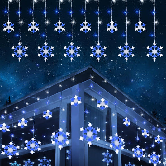 Christmas Snowflake Lights Outdoor, 17.22ft 264 LED Snowflake Icicle Lights with 22 Drops, Connectable, 8 Modes Waterproof Christmas Light for Eaves, Window, Xmas Decor - White & Blue