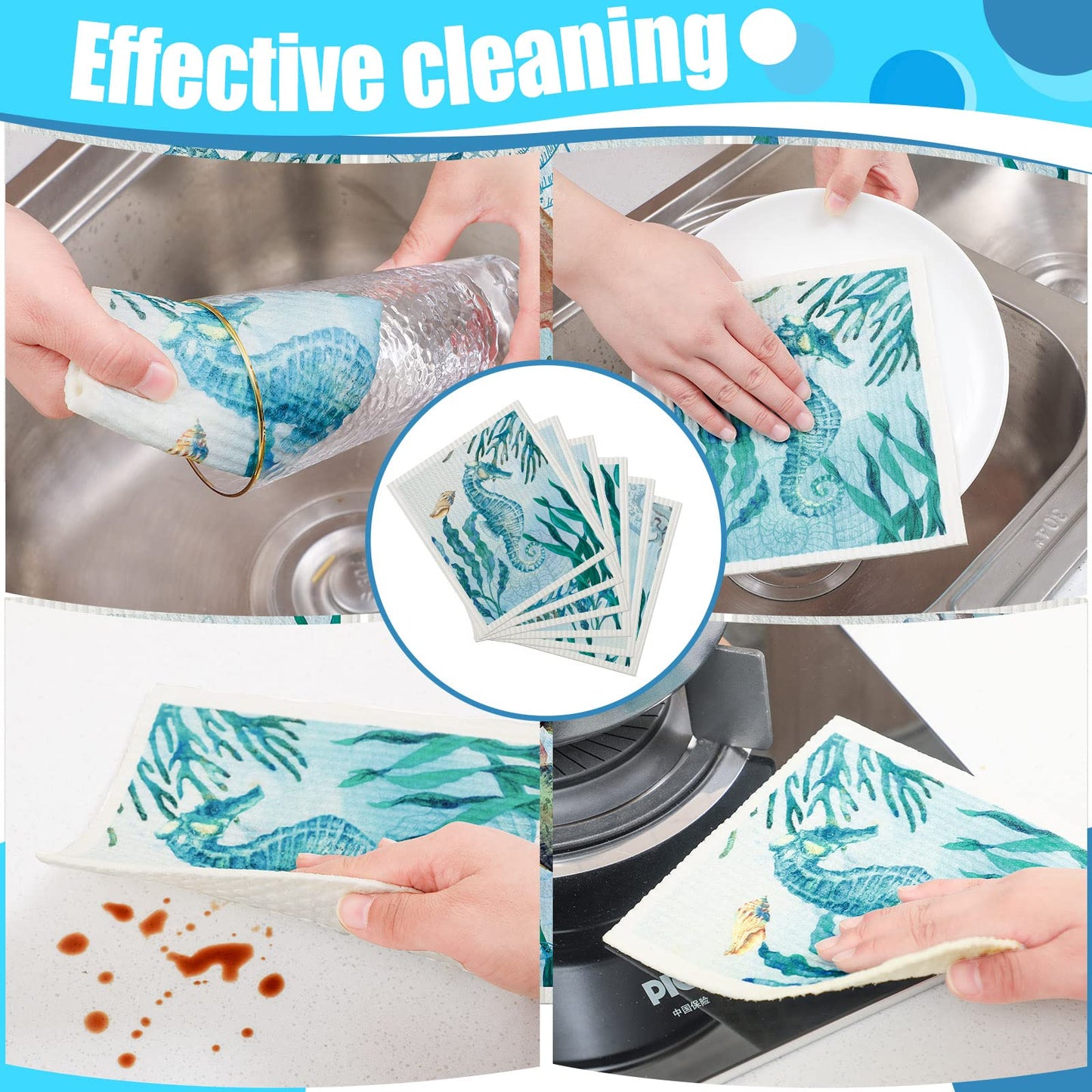 6 Pcs Swedish Kitchen Dish Towels Kitchen Cloths Reusable Sponge Cleaning Cloths Absorbent Dish Cloth Quick Drying Washable Cleaning Wipes No Odor Hand Towel (Marine Life)