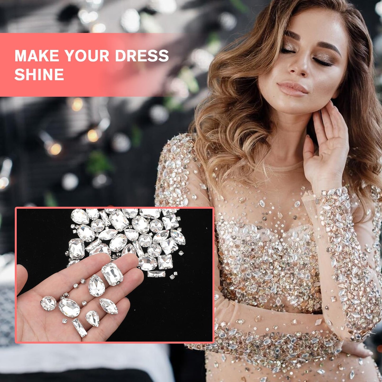 JJUNW 240 PCS Sew on Rhinestones Mixed Shapes Glass Rhinestones Sew on Crystal Gems Mental Flatback wif Silver Claw for Jewelry Crafts Clothes Shoes Costume Garment(White)