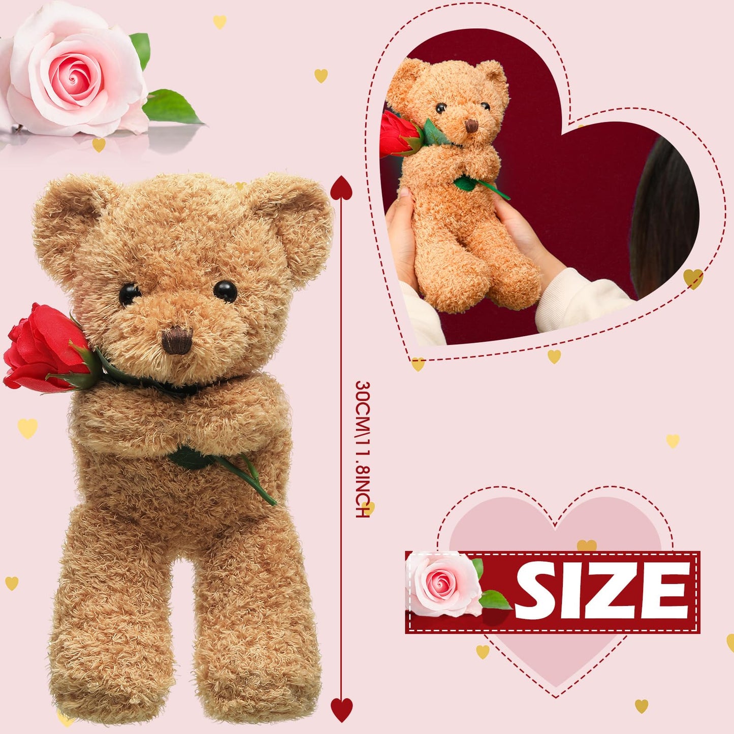 Valentine Bear Stuffed Animal Gift with Rose Funny Cute Bear Stuffed Animal Plush Gift for Valentine Mother Birthday Wedding Christmas, 11.8 Inches(Beige)
