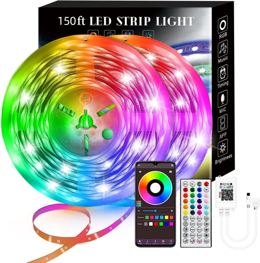 150FT Smart LED Strip Lights (2 Rolls of 75ft), RGB Strip Lights Sync to Music with 40 Key Remote Controller LED Lights for Bedroom,Christmas Lights decration (Multi-Colored, 150FT)
