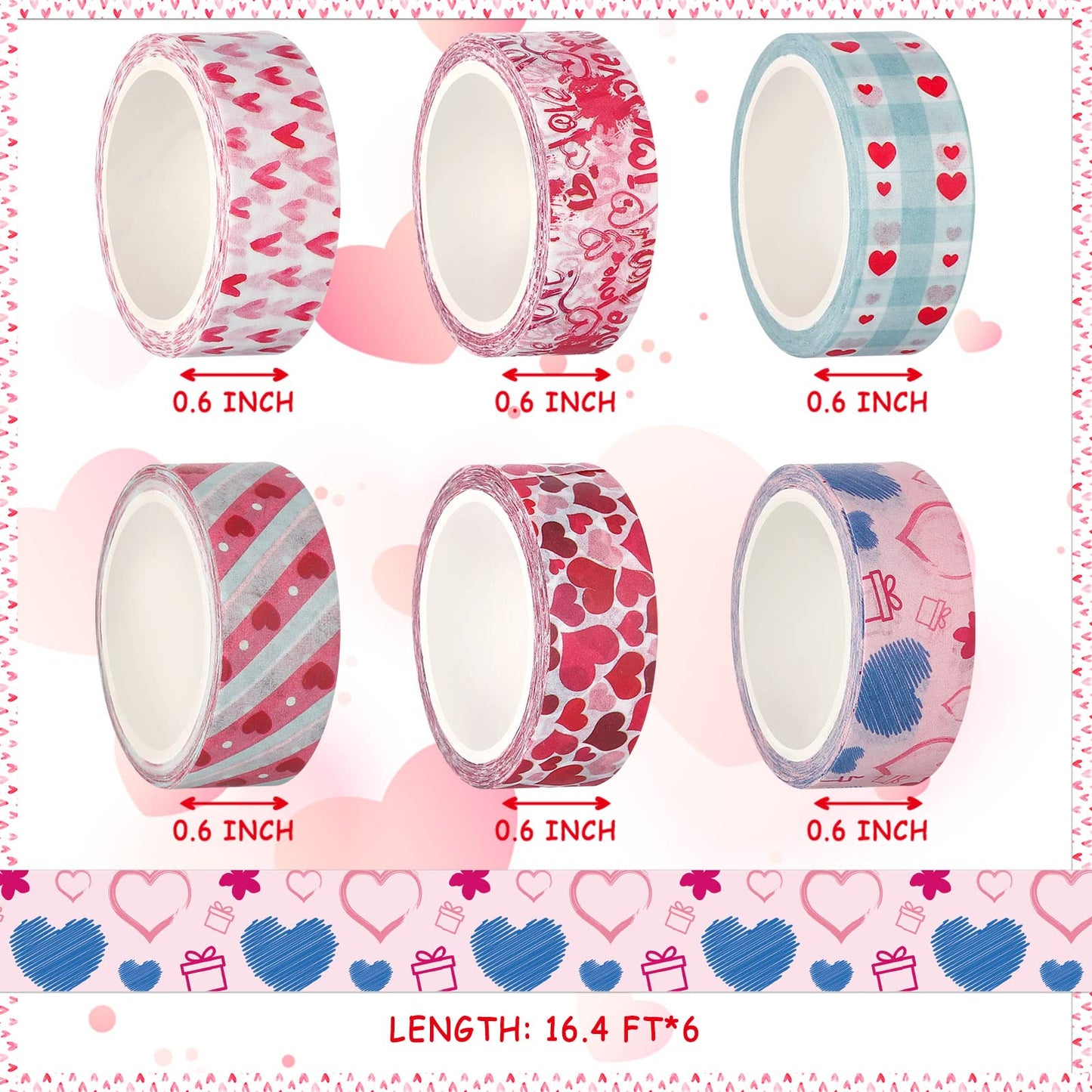 6 Rolls Valentine Day Washi Tapes Valentine Stickers for Sweet Color Cute Stickers for Crafts Love Heart Labels for Wedding(Love Style)