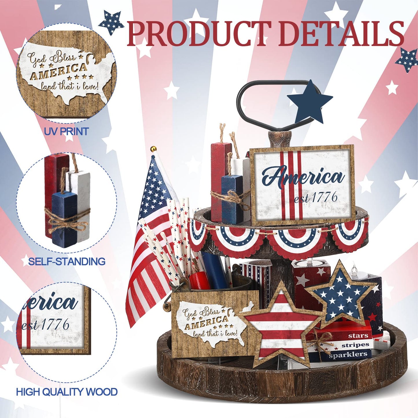 FairySandy 13 Pcs Memorial Day Decorations American 4th of July Patriotic Tiered Tray Decor Rustic 250th Anniversary Farmhouse Table Wooden Sign USA Flag Star Red White Blue for Independence Day Party