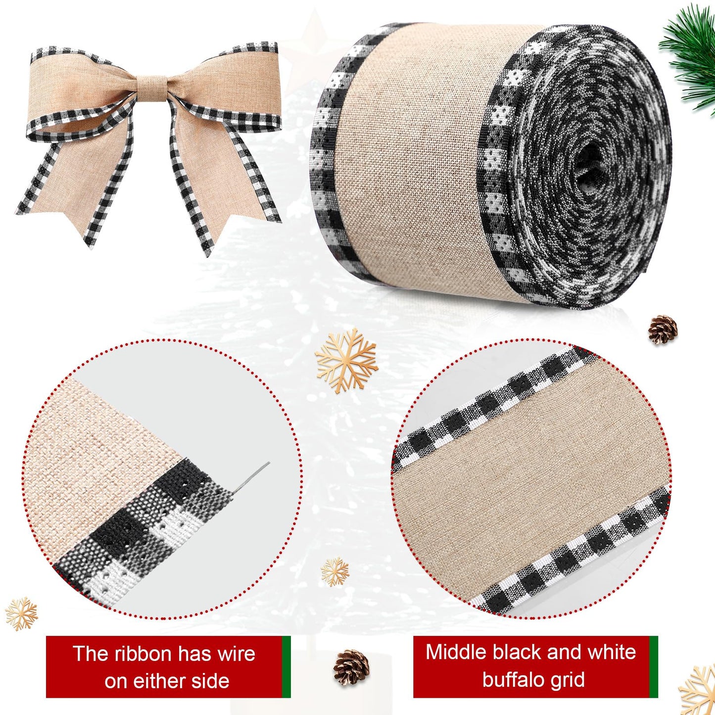 2 Rolls Christmas Buffalo Plaid Wired Edge Ribbons Christmas Tree Burlap Fabric Craft Wrapping Ribbon with Checkered Edge, 216 Inch(2.5 Inch Width,Black and White)