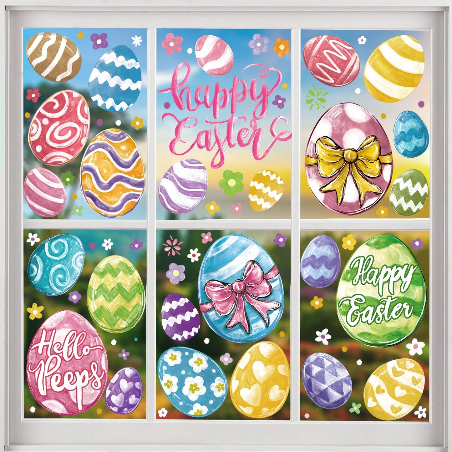 DIYDEC 6 Sheets Easter Window Clings Large Easter Eggs Window Decals Oil Painting Eggs Flowers Stickers for Home Office School Decor Spring Glass Window Decoration