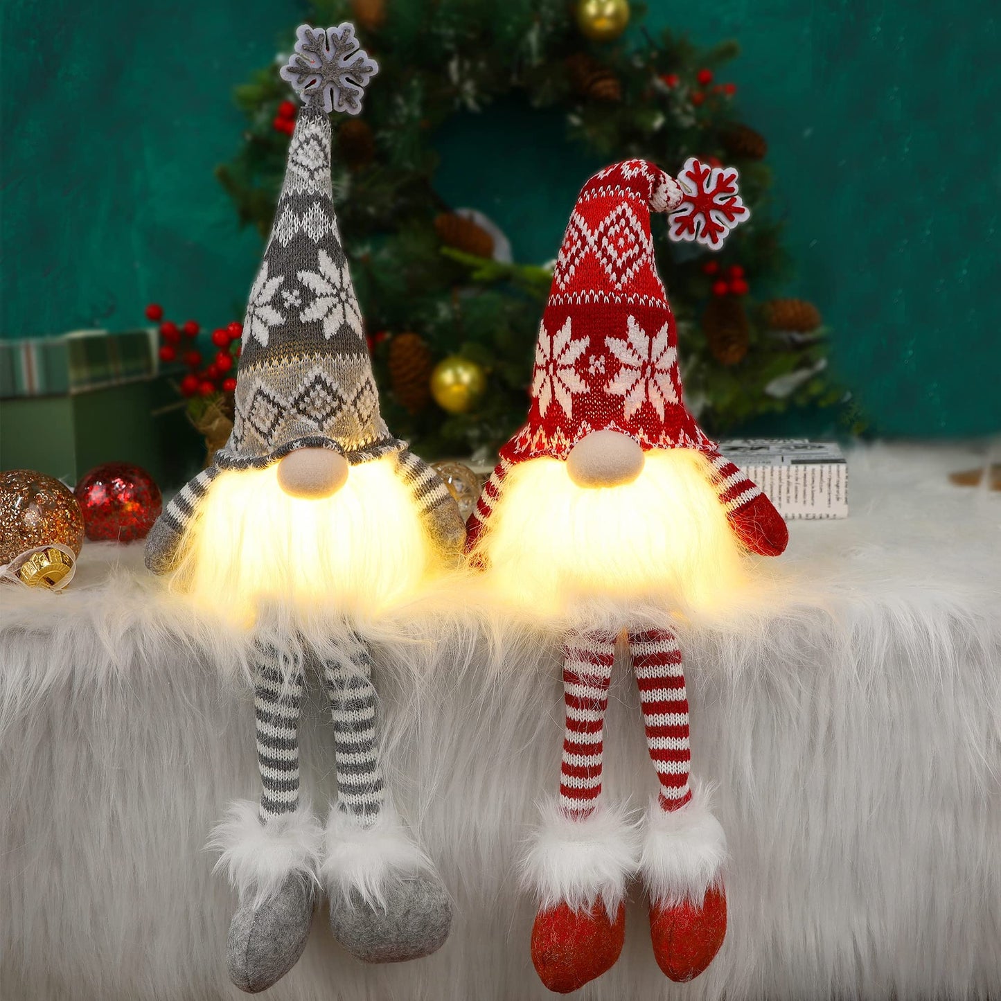 2 Pack Lighted Christmas Gnomes with Dangling Legs, 19.5Inch Handmade Scandinavian Swedish Tomte, Battery Operated Winter Tabletop Christmas Decorations Collectible Figurines