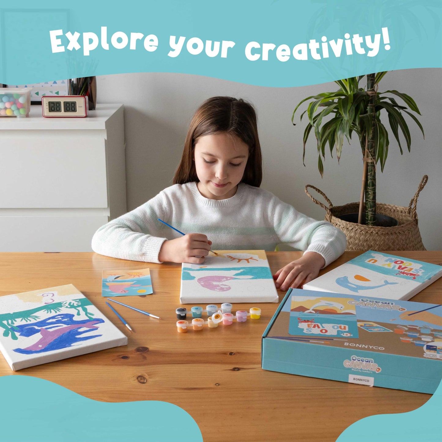 BONNYCO Paint by Numbers Kit for Kids Sea Animals Pack 3 Canvas. Paint by Number Canvas Framed, Ocean Gifts for Kids. Arts and Crafts 4-6 8-12, Pintar por Numeros. Pre Drawn Painting Under Sea Crafts