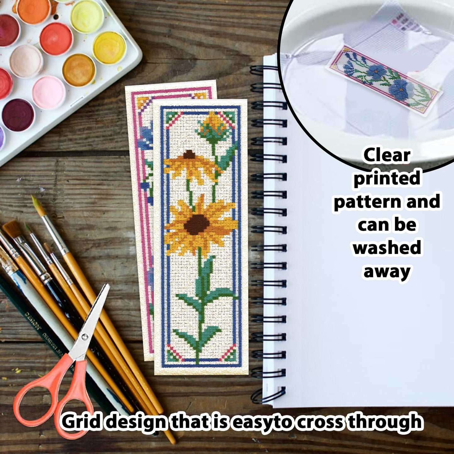 6 Pcs Flower Cross Stitch Bookmark Kit for Beginner with Backing Felt Floss Instruction Sunflowers Tulip DIY Stamped Embroidery Bookmark Kit for Starter Adults Book Lovers