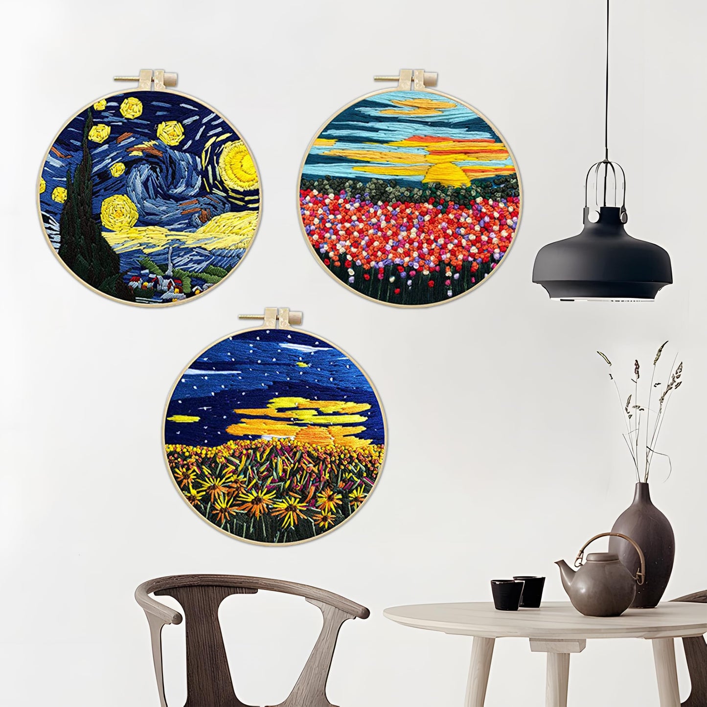 Maydear 3 Sets Embroidery kit for Beginners Adults,Embroidery Kit Punch Needle Kit Cross Stitch Kits with Embroidery Hoop and Instructions,Hand Embroidery Starter Kit