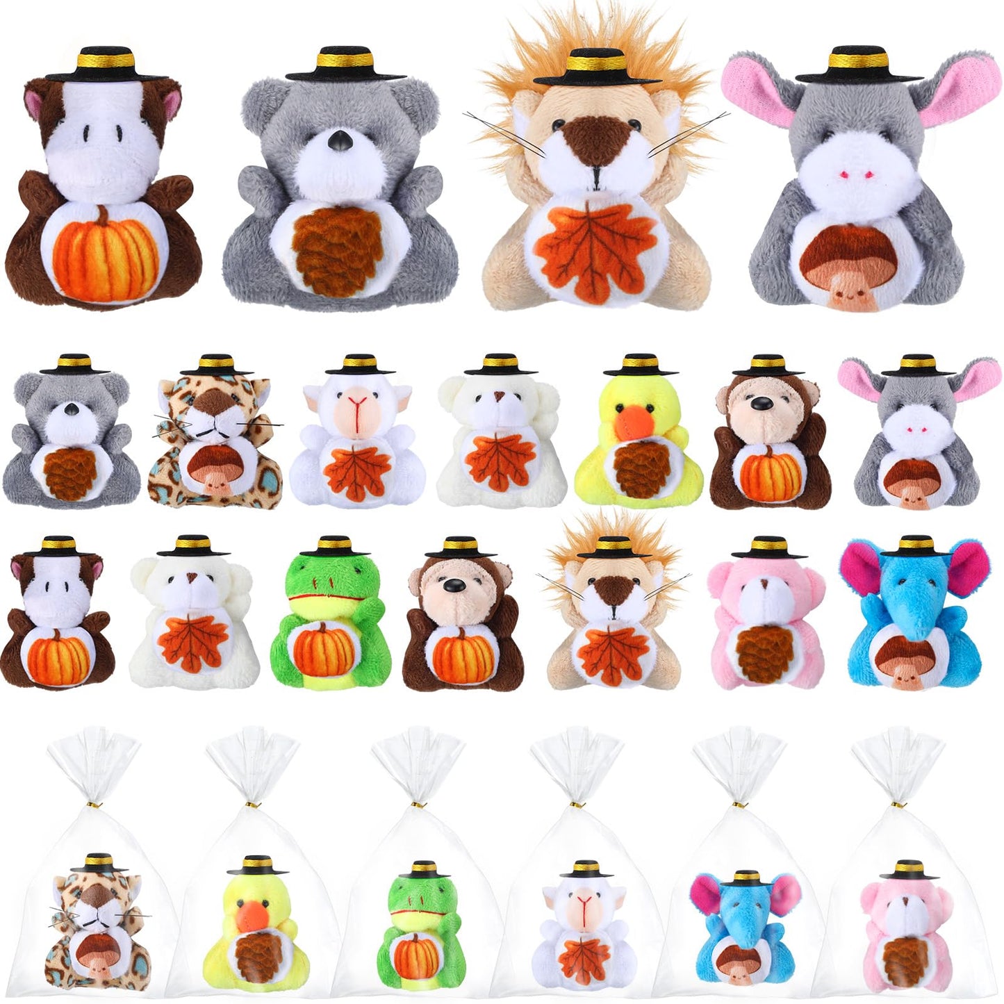 24 Mini Thanksgiving Stuffed Animal Set Fall Small Thanksgiving Stuffed Animal Bulk Autumn Plush Toy Keychain Decor for Fall Party Favors Tree Ornament Goodie Bag Fillers Gift 3 Inch
